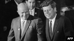 Soviet leader Nikita Khrushchev (left) and U.S. President John F. Kennedy brought their countries to the brink of nuclear war in 1962. 