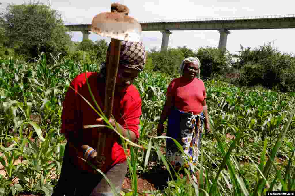 Women work in a field next to a railway bridge for SGR trains, near the town of Kiu, south of Nairobi, Kenya, November 27, 2019.