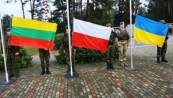 Военные с флагами Литвы, Польши и Украины