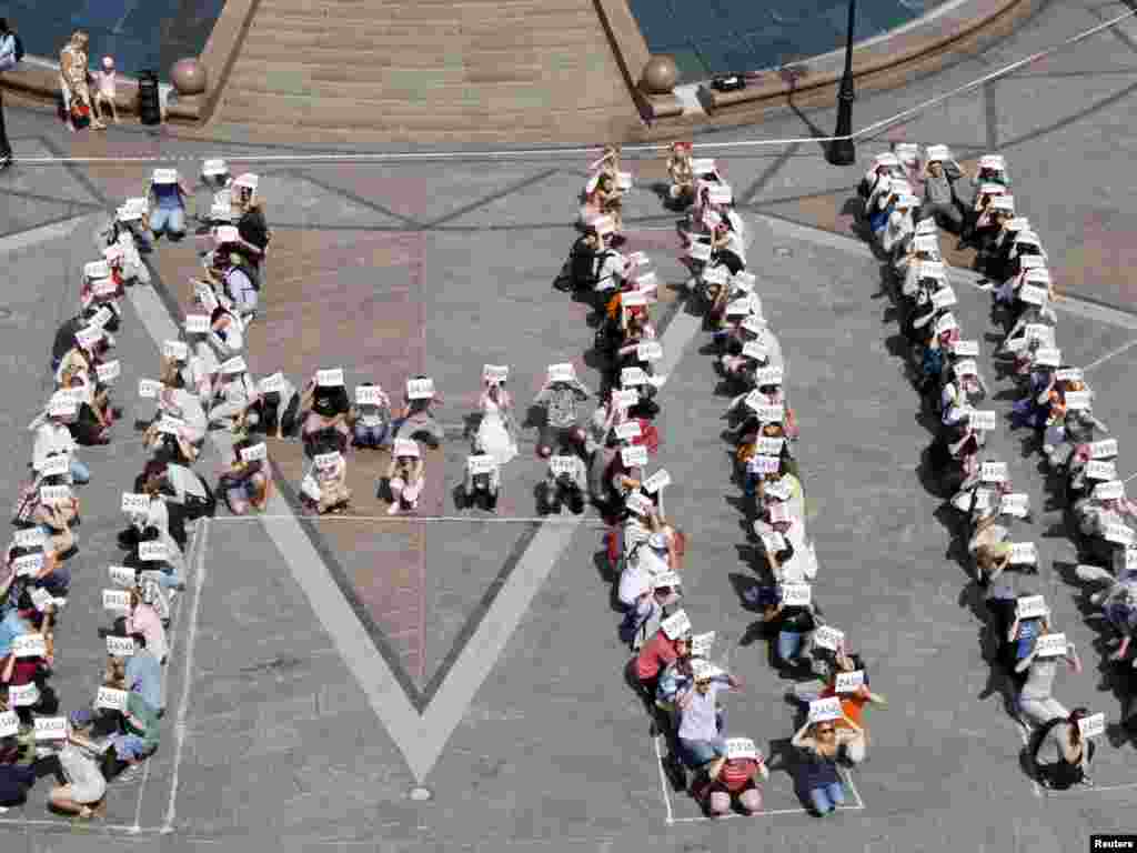 Members of Ukrainian civil organizations form a giant "No" in Kyiv to protest draft legislation, to be discussed this week, which is seen as infringing on their right to freedom of assembly. Photo by Reuters