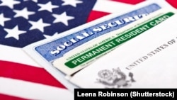 Документы системы «грин-карт» для получения гражданства в США на фоне флага этой страны.
