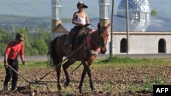 Атқа жеккен соқамен жер жыртып жүрген балалар. Қарой ауылы, Ферғана алқабы, Қырғызстан. 12 мамыр 2009 жыл.