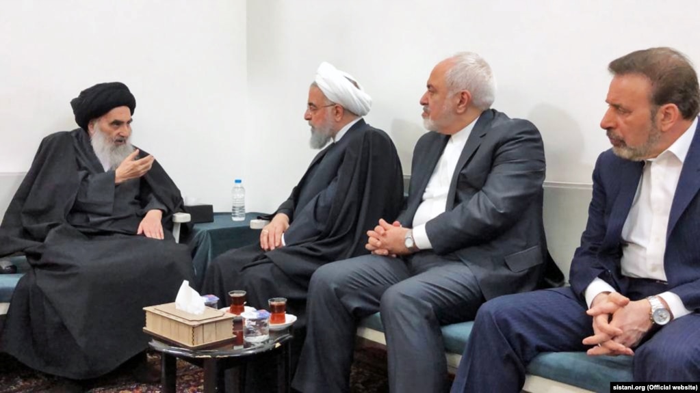 Iraqi influential cleric Grand Ayatollah Ali Sistani meeting with Iran's President Hassan Rohani and his foreign minister Mohammad Javad Zarif on March 13, 2019.