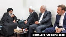 Iraqi influential cleric Grand Ayatollah Ali Sistani meeting with Iran's President Hassan Rohani and his foreign minister Mohammad Javad Zarif on March 13, 2019.