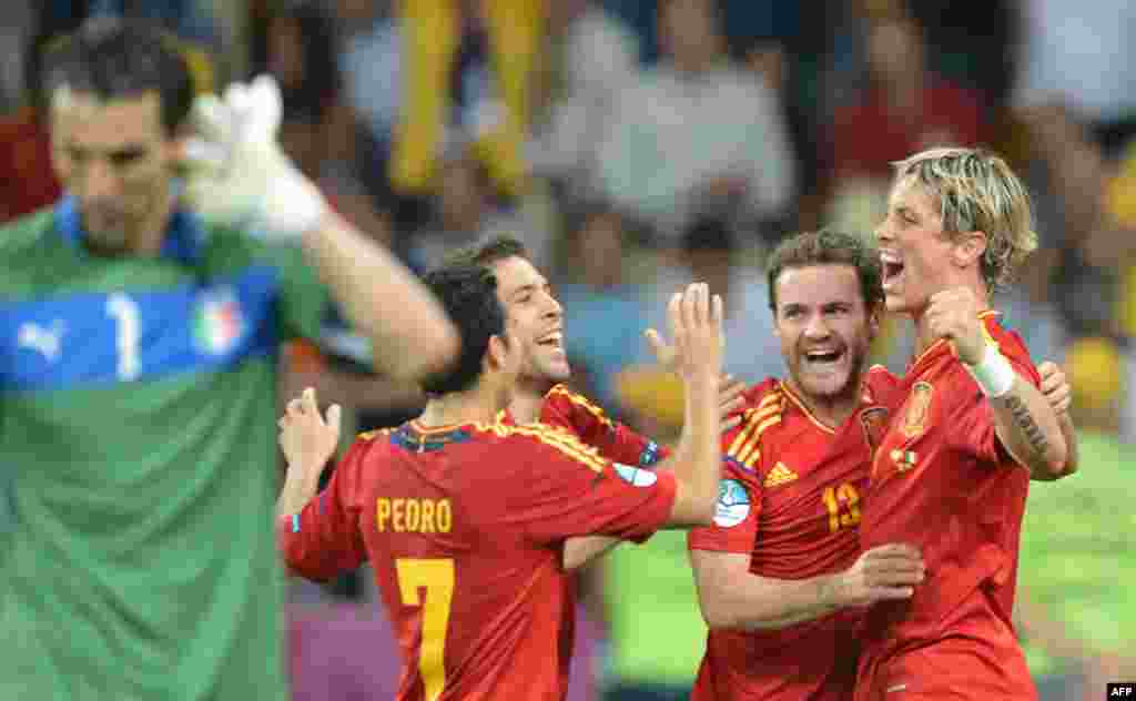 Spanish forward Fernando Torres (right) celebrates the win with his teammates.