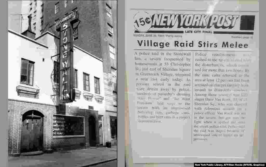 Stonewall Inn din New York și o reproducere a ediției din 29 iunie 1969 a New York Post care a relatat despre descinderea poliției, care a dus la revolta Stonewall. Seria de demonstrații spontane a membriilor comunității gay și lesbiene împotriva unei descinderi a poliției la Hanul Stonewall este considerată începutul mișcării pentru drepturile LGBT din Statele Unite.