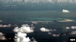 An aerial view that purportedly shows artificial islands being built by China in disputed waters in the South China Sea