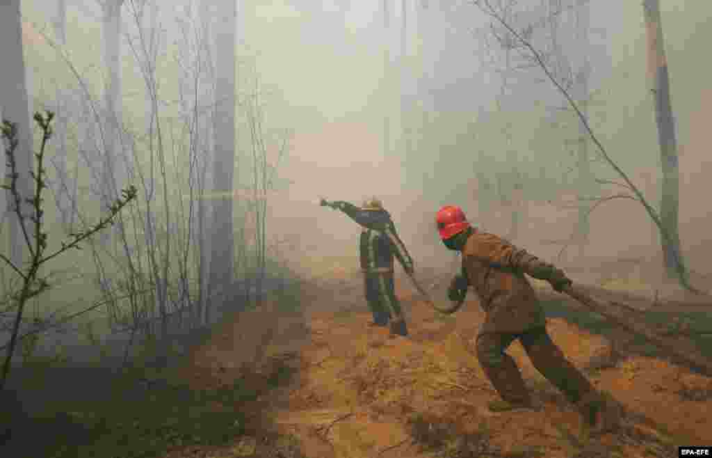 Ukrajinski vatrogasac se bori protiv požara blizu sela Rahjavka, 10. aprila. Požari su počeli 3. aprila u zapadnom delu nenaseljene i izolovane zone oko Černobilja. Kasnije su proširili i na okolne šume.