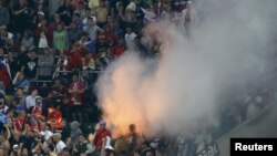 Russian supporters celebrate after beating Czech Republic 4-1 during their Group A Euro 2012 match in Wroclaw on June 8.