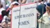 A banner reading "Support Iranian women to attend stadiums" is displayed during the Russia 2018 World Cup in Saint Petersburg, June 15, 2018
