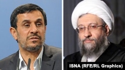 Iran's chief of judiciary Sadeq Larijani (R), and Former Iranian President Mahmoud Ahmadinejad.