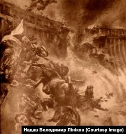 O ilistrație germană din 1941 a distrugerii barajului, publicată în 1942.