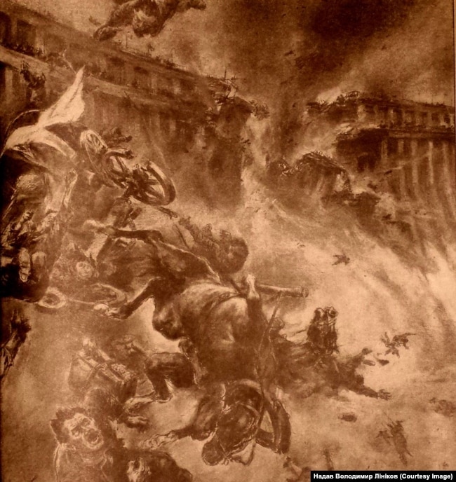 Một minh họa của Đức về vụ phá hủy đập năm 1941, xuất bản năm 1942