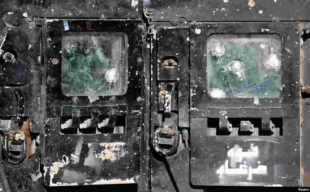 The bullet-pocked door of an Iraqi special forces vehicle on February 25. 
