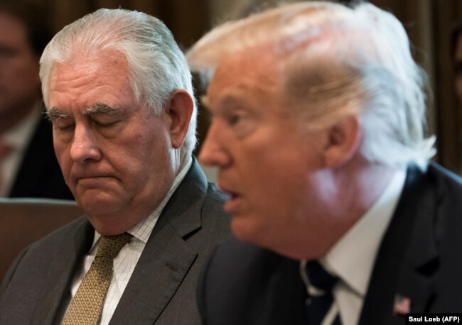 U.S. President Donald Trump (right) speaks alongside Secretary of State Rex Tillerson (left) at a Cabinet meeting in the White House earlier this month.