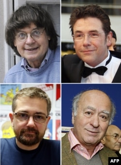 کارتونیست‌های کشته شده در حمله پاریس- از راست بالا: تیگنوس، کابو. از راست پایین: وولینسکی، شارب (ناشر)