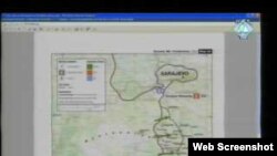 Screenshot pokazuje kartu kao dokaz na suđenju Radovanu Karadžiću, bivšem vođi bosanskih Srba, optuženom za ratne zločine tijekom rata u Bosni i Hercegovini, 15. veljače 2011.