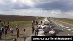 A photo from May 14 shows Central Asian migrants in Russia's Samara region. 