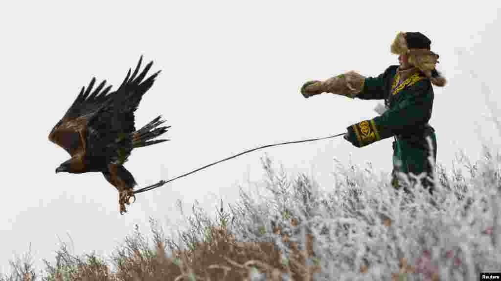 A hunter releases his tame golden eagle during an annual hunting competition outside Almaty in Kazakhstan on December 9. (Photo for Reuters by Shamil Zhumatov)