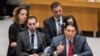 Israel's Ambassador to the United Nations Danny Danon, right, is joined by Oran Almog, second from left, during a Security Council meeting on the situation in the Middle East, including the Palestinian question, Tuesday, July 25, 2017 at United Nations he