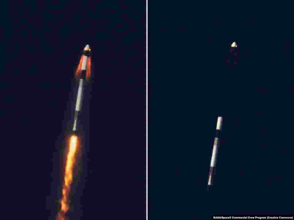 A combination photo capturing the moment the Crew Dragon exploded away from its rocket during a January 2020 test. Parachutes carried the unmanned capsule to a safe splashdown off the Florida coast.