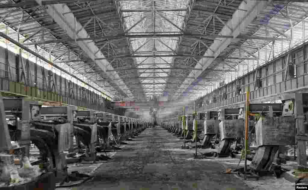 Electrolysis cells in the Podgorica Aluminum Plant, or Kombinat Aluminijuma Podgorica (KAP)