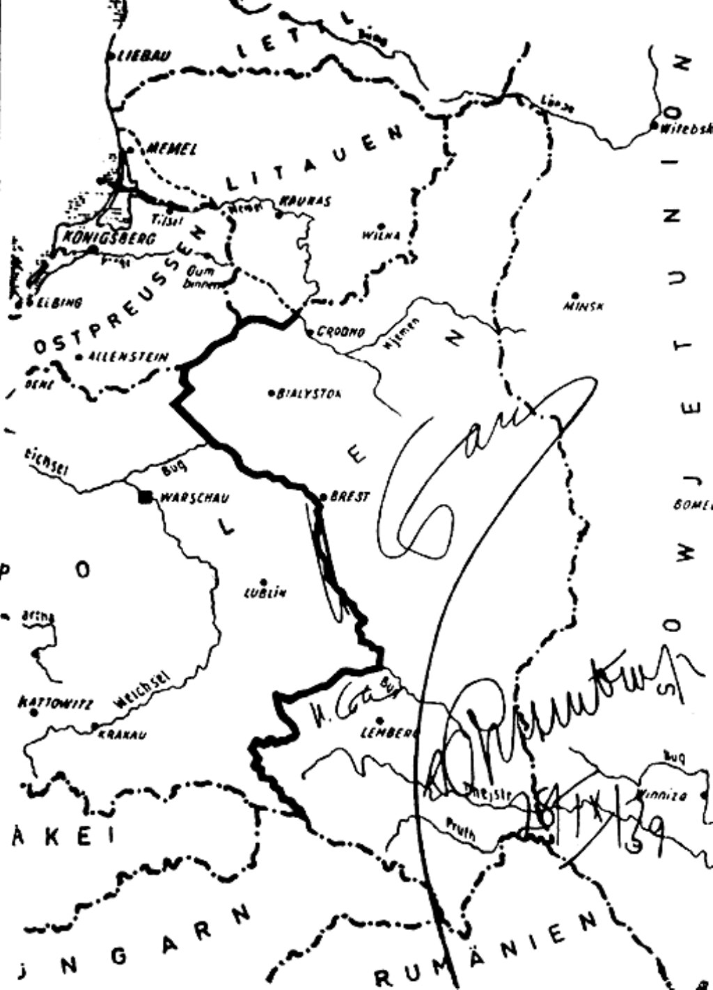 1939 елда Польшага каршы сугыш башлау турында килешүнең Сталин һәм Риббентроп имзалаган харитасы.