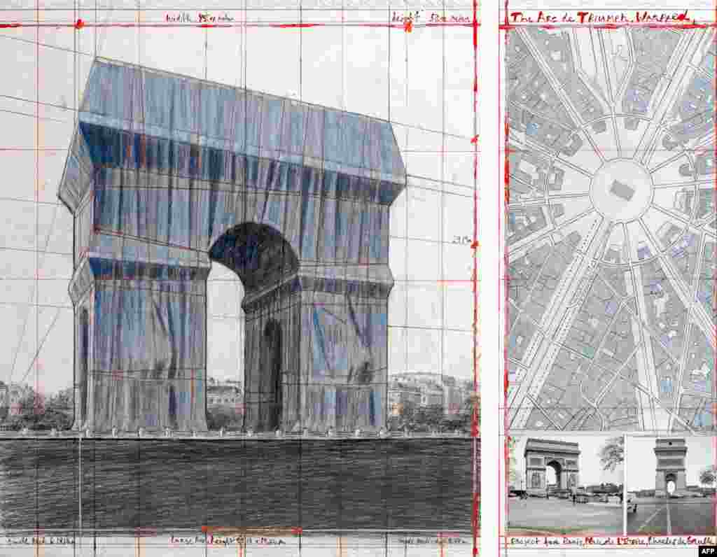 Preparatory drawings and collages for L&#39;Arc de Triomphe, Wrapped. In accordance with Christo&#39;s wishes, the work will be completed and shown to the public in Paris from September 18-October 3, 2021.