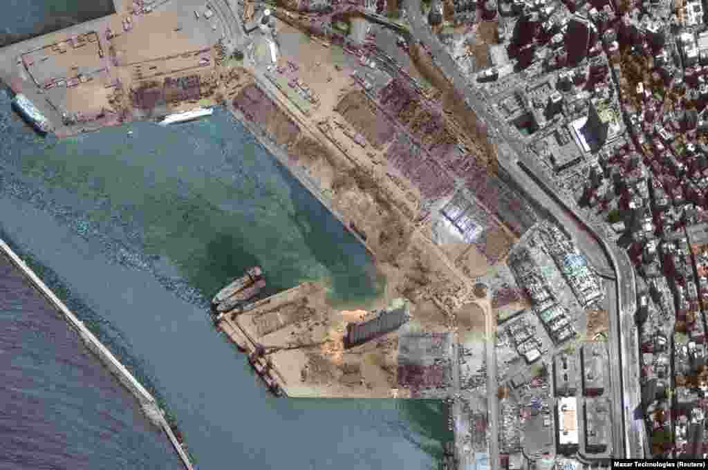A satellite image shows the port of Beirut after an explosion, Lebanon, August 5, 2020, Satellite image ©2020 Maxar Technologies/via REUTERS