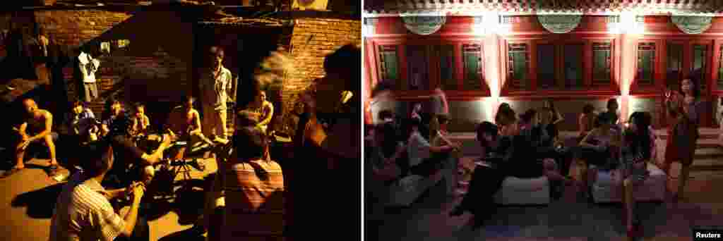 People gamble under streetlights in an alley of a neighborhood housing migrant workers in Beijing, while guests drink champagne before a fashion show at the Ming Dynasty City Wall Relics Park.