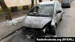 The burned-out car of RFE/RL journalist Halyna Tereshchuk in Lviv.