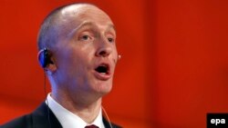 Former Trump foreign policy adviser Carter Page is seen giving a speech in Moscow in December 2016.