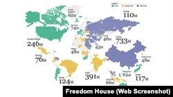 Колькасьць інтэрнэт-карыстальнікаў са свабодным (зялёны колер), часткова свабодным (жоўты) і несвабодным (сіні) доступам да інтэрнэту ў 2017 годзе паводле Freedom House.