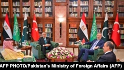 Pakistani Foreign Minister Ishaq Dar (second from left) hosts Saudi Arabia's Faisal bin Farhan (left), Turkey's Hakan Fidan (second from right), and Egypt's Badr Abdelatty on March 29.