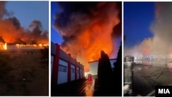 Колаж фотографии на МИА од пожарот во виничката фабрика, 6 септември 2025