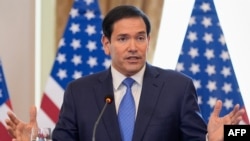 US Secretary of State Marco Rubio speaks during a joint news conference with Slovakia's prime minister in Bratislava on February 15.