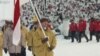 NORWAY -- February 12, 1994. Winter Olympic Games. Member of the Belarus delegation, Olympic champion Evgeny Redkin carries the flag at the opening ceremony of the Olympic Games.