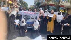 Afghan women and girls protest in Kabul on May 26.