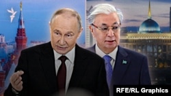 Қазақстан президенті Қасым-Жомарт Тоқаев пен Ресей президенті Владимир Путин суреттерінен коллаж