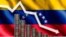 The graph of the fall. White arrow pointing down against the backdrop of coins and the flag of Venezuela - Illustration