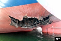 Damage to the hull of the HMM Namu from the May 4 attack