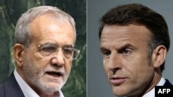 Kjo fotografi e kombinuar shfaq presidentin e Iranit, Masu Pezeshkian (majtas) dhe presidentin e Francës, Emmanuel Macron.