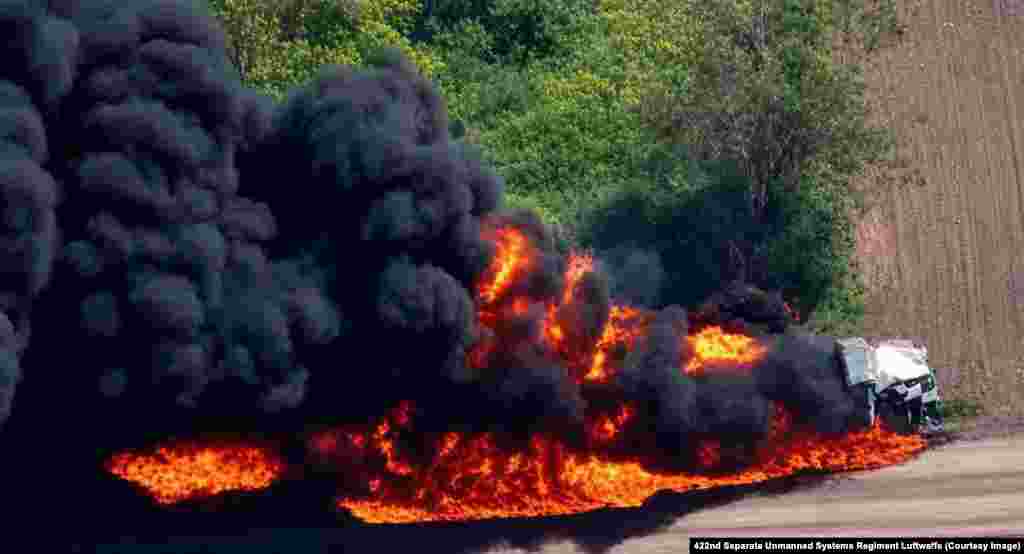 A fuel tanker burns on the Melitopol highway, which runs from the Russian border towards Crimea. The image was released by a Ukrainian drone regiment on June 2. Amid long-range strikes by Ukrainian drones on Russian oil facilities, Crimea has been especially hard hit by a subsequent fuel shortage due to an intensifying Ukrainian "middle strike" drone campaign targeting Russian logistics hardware 30-200 kilometers from the front lines.