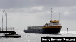 The Midnight Stone ship carrying containers with humanitarian aid for Venezuela enters the harbor in the port of Willemstad on the island of Curacao, February 24, 2019. File photo