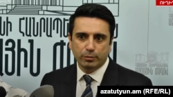 Armenia - Parliament speaker Alen Simonian speaks to journalists, May 31, 2022.