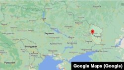 Украинанын Луганск облусу атайын сызык менен Северодонецк шаары кызыл чекит менен белгиленген. Украинанын картасы. Google Maps сервисинен алынган скриншот.