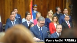 Aleksandar Vuçiq duke bërë betimin në mandatin e dytë si president i Serbisë, Beograd, 31 maj 2022.