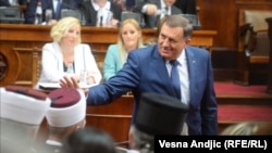 Pro-Russia Serb leader Milorad Dodik, pictured in May, triggered sanctions against him from London and Washington after saying late last year that Republika Srpska, the ethnic-Serb entity, would pull out of the Western Balkan nation’s joint military, top judiciary body, and tax administration.