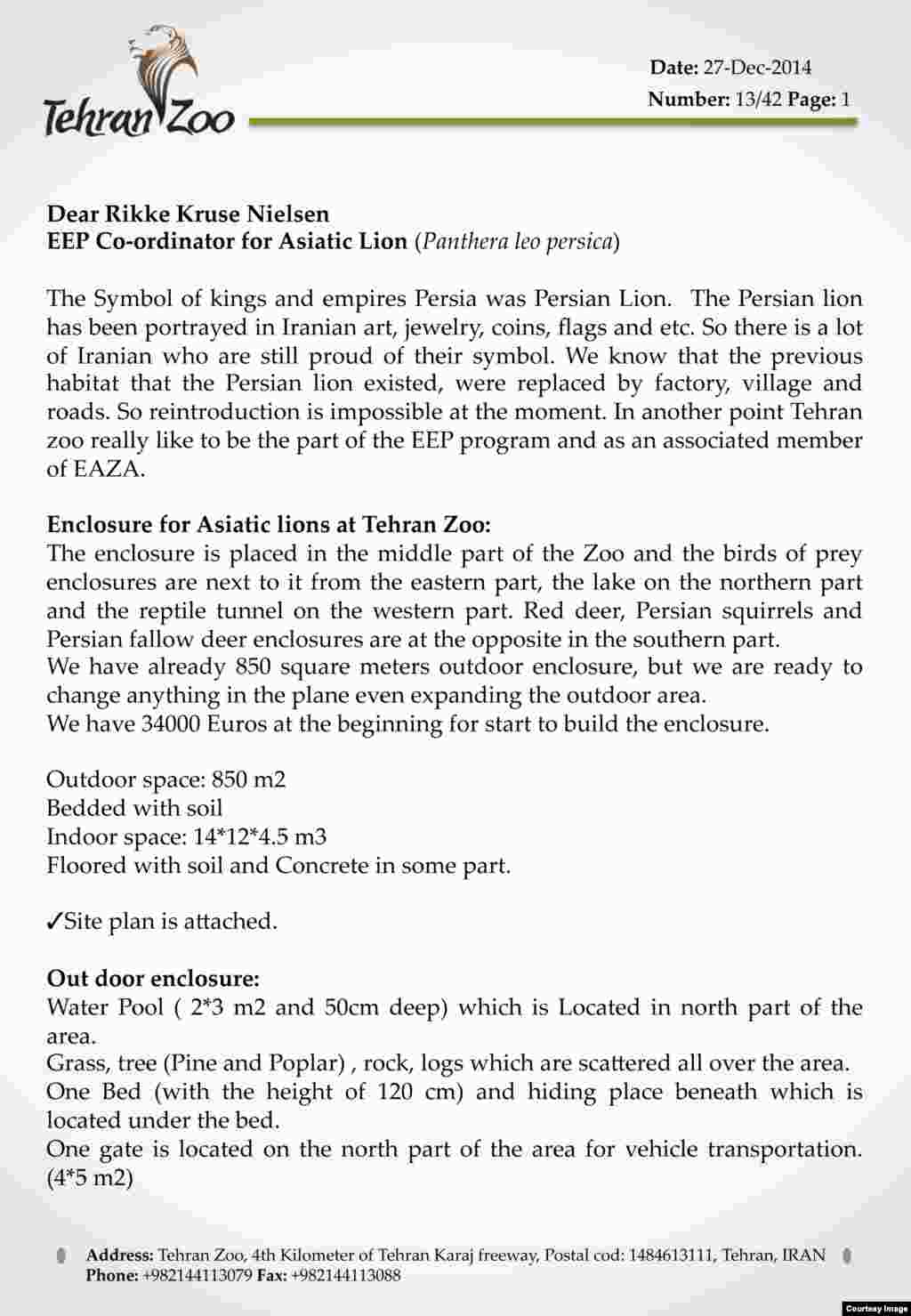 صفحه اول از نامه درخواستی برای انتقال شیر ایرانی به باغ وحش تهران