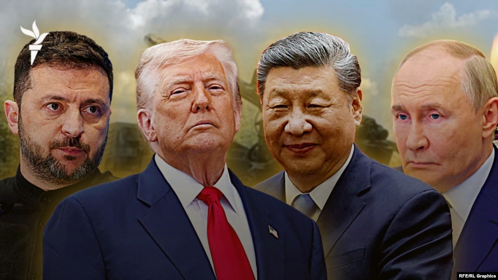 Một bức ảnh ghép có hình Tổng thống Ukraine Volodymyr Zelenskyy, Tổng thống Hoa Kỳ Donald Trump, Chủ tịch Trung Quốc Tập Cận Bình và Tổng thống Nga Vladimir Putin.